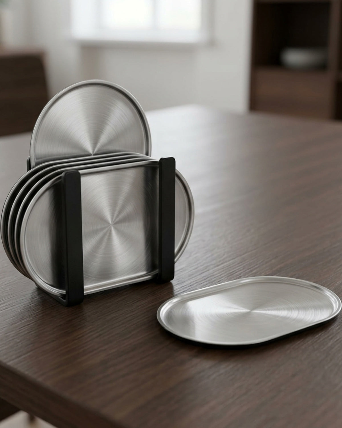 Vfxtk Capsule Brushed Stainless-Steel Coasters Four Piece Silver Black with Rack - Lifestyle view