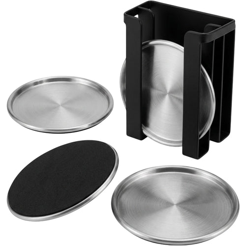 Vfxtk Capsule Brushed Stainless-Steel Coasters Four Piece Silver Black with Rack - Product view