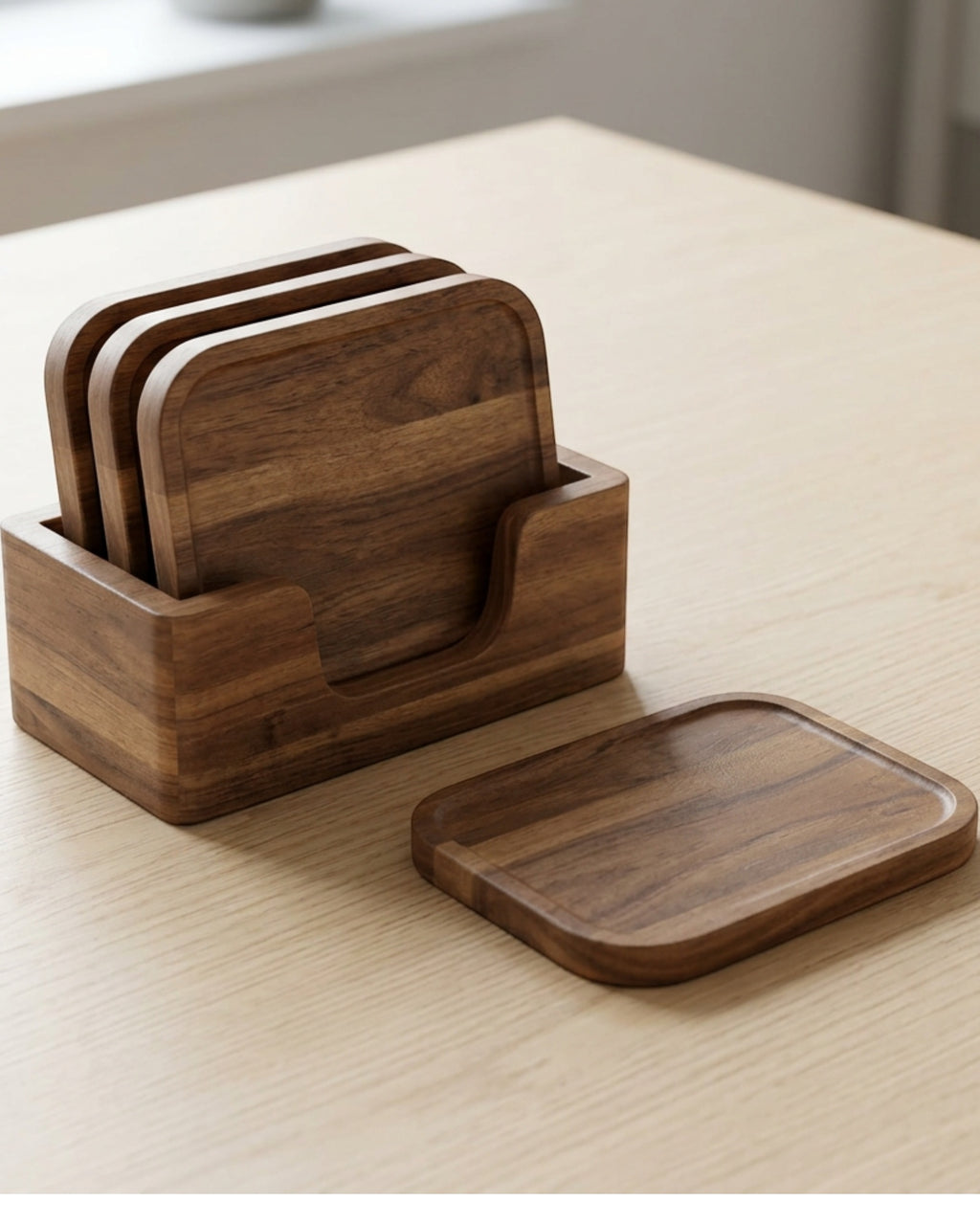 Vfxtk Rounded Rectangle Acacia Wood Coasters Four Piece Walnut with Holder - Lifestyle view