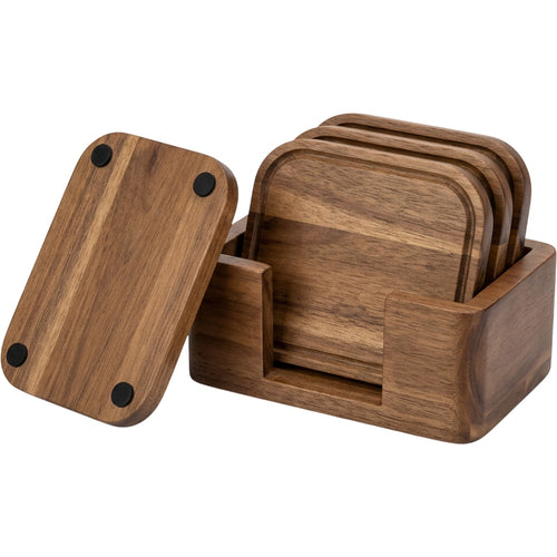 Vfxtk Rounded Rectangle Acacia Wood Coasters Four Piece Walnut with Holder - Product view